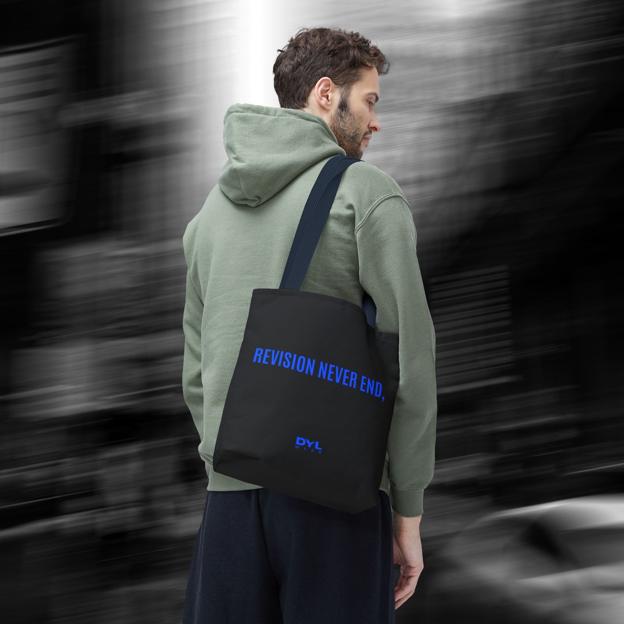 REVISION NEVER END,. –DYL WEAR. Everyday Lightweight AOP Shopping Tote