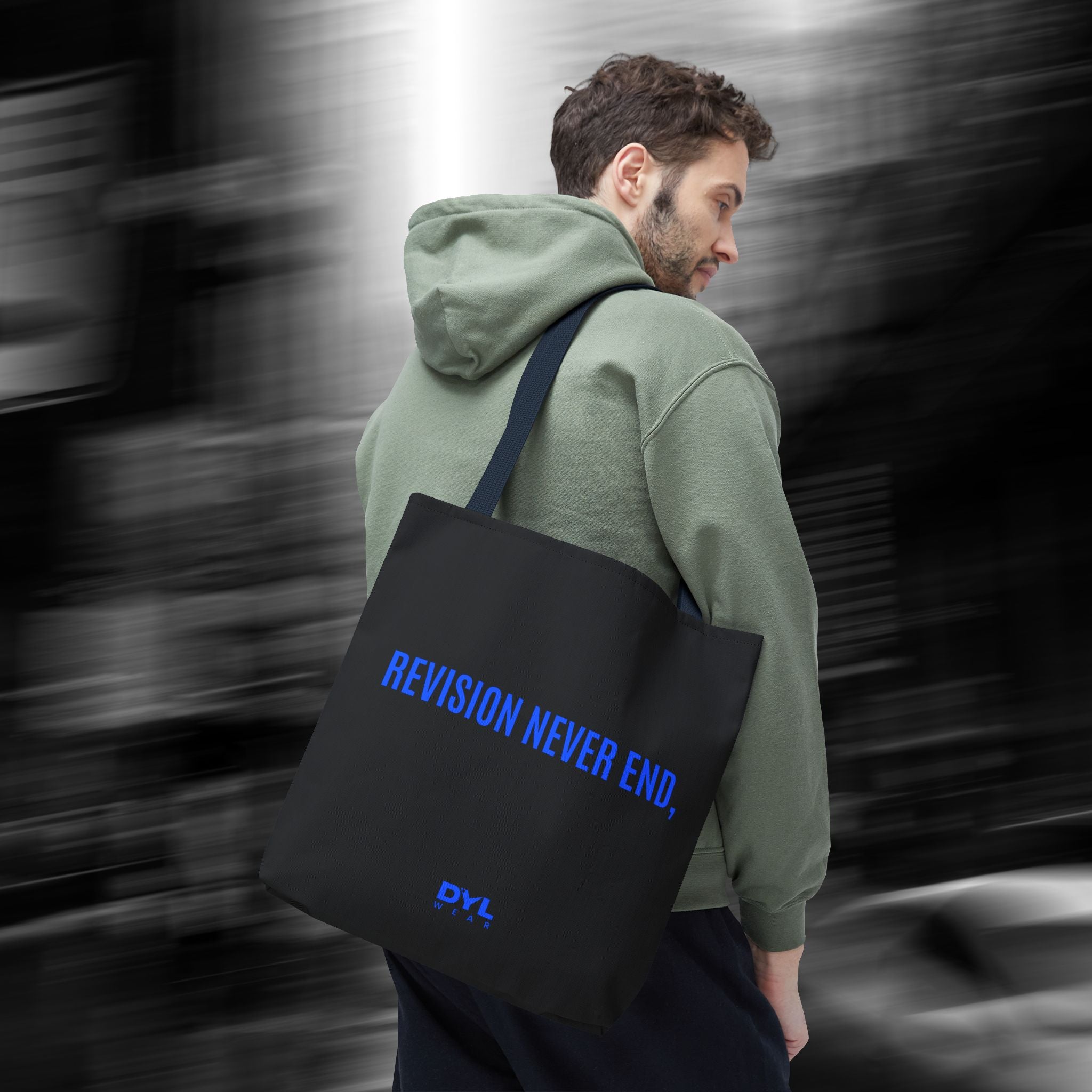 REVISION NEVER END,. –DYL WEAR. Everyday Lightweight AOP Shopping Tote