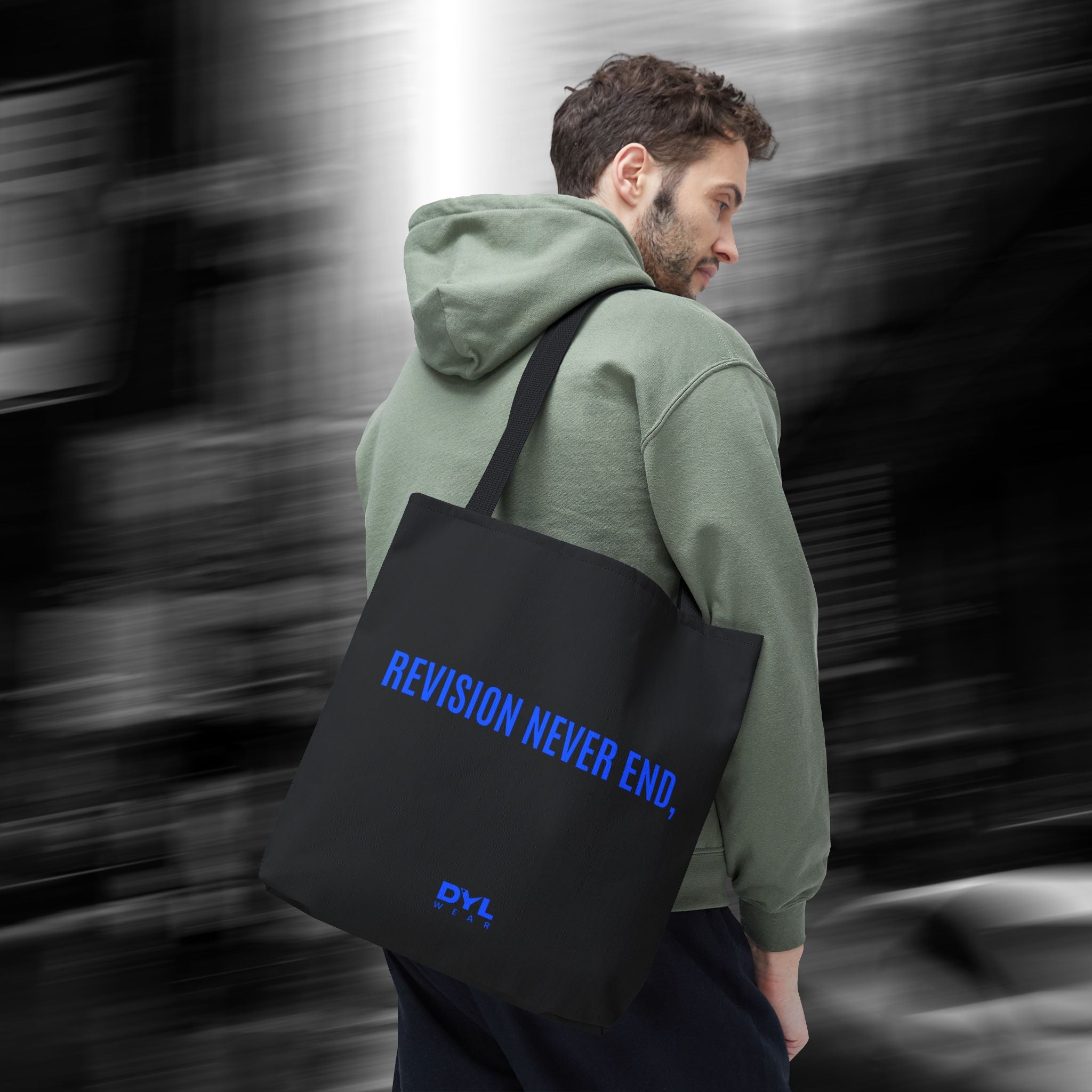 REVISION NEVER END,. –DYL WEAR. Everyday Lightweight AOP Shopping Tote
